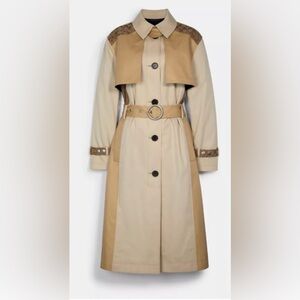 Coach Beige Colorblock Trench Coat w/ Signature Jacquard & Leather Trim Sz XS
